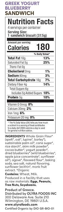 Olyra Organic Breakfast Biscuit Sandwiches | Greek Yogurt Blueberry | Kids Healthy Snacks, Low-Sugar, High Fiber | 4 Count (Pack of 1)