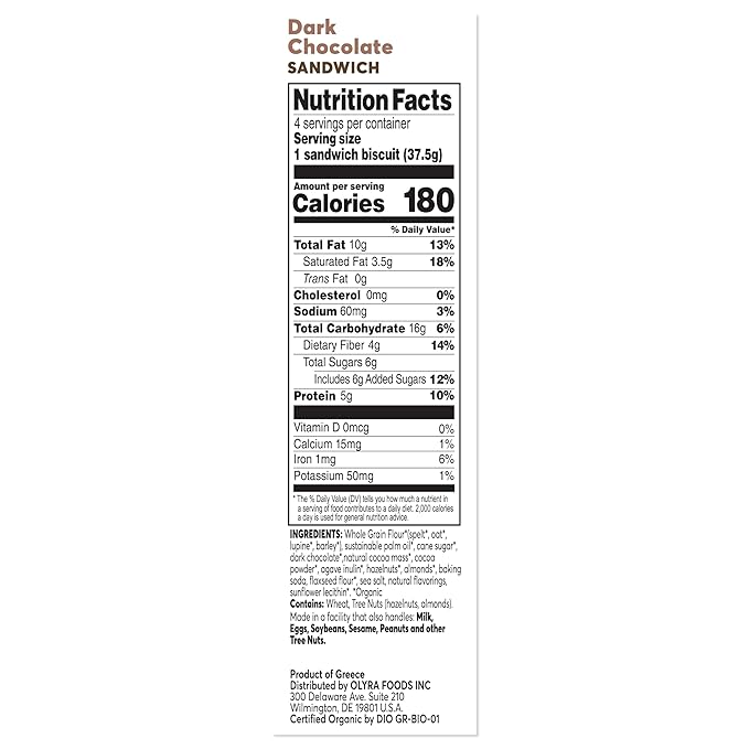 Olyra Dark Chocolate Sandwich Breakfast Biscuits, Healthy Snacks for Adults and Kids, Low Sugar, Organic Vegan Cookies, Office Snacks, USDA Certified, Non GMO 24 Packs