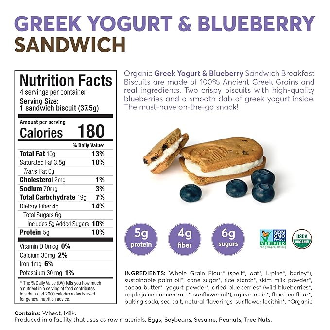 Olyra Organic Breakfast Biscuit Sandwiches | Greek Yogurt Blueberry | Kids Healthy Snacks, Low-Sugar, High Fiber | 4 Count (Pack of 1)