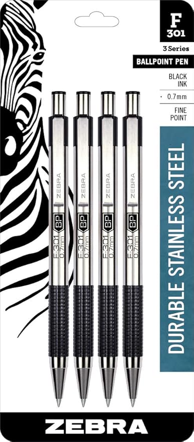 Zebra Pen F-301 Ballpoint Fine Point 0.7mm Stainless Steel Retractable Ballpoint 4-Pack – Easy-Glide Ink, Non-Slip Grip, Metal Clip, Refillable with F-Refill, Professional Design (27114)