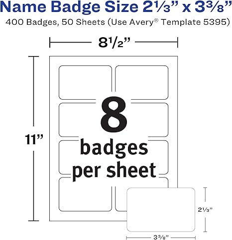 Avery Flexible Printable Name Tags, 2-1/3" x 3-3/8", Matte White, 400 Removable Name Badges for Laser and Inkjet Printers (5395)