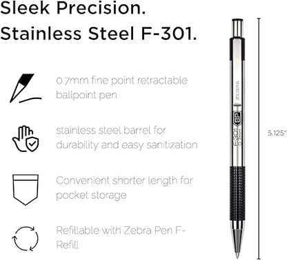 Zebra Pen F-301 Ballpoint Fine Point 0.7mm Stainless Steel Retractable Ballpoint 4-Pack – Easy-Glide Ink, Non-Slip Grip, Metal Clip, Refillable with F-Refill, Professional Design (27114)