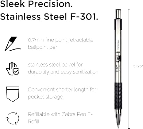 Zebra Pen F-301 Ballpoint Fine Point 0.7mm Stainless Steel Retractable Ballpoint 4-Pack – Easy-Glide Ink, Non-Slip Grip, Metal Clip, Refillable with F-Refill, Professional Design (27114)