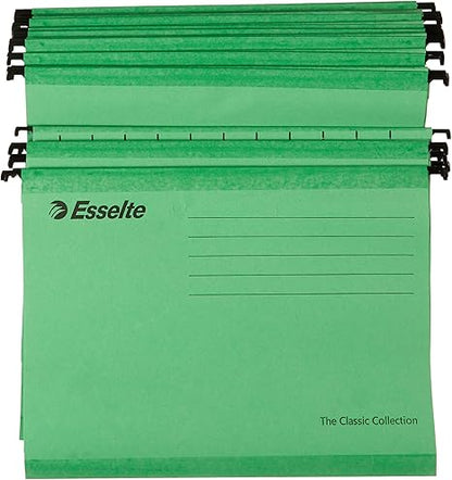 Esselte Classic Reinforced Suspension File, A4, Pack of 25, Tabs Included, Green, 90318