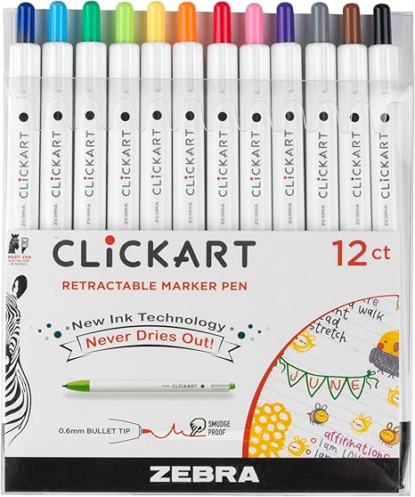 Zebra Pen ClickArt Retractable Marker Pen, Fine Point, 0.6mm, Assorted Colors, 12-Pack (69012)