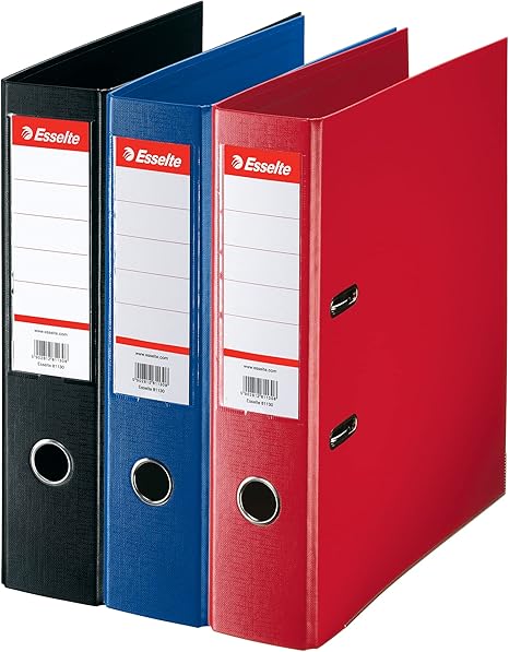 Esselte, Pack 3 A4 Lever Arch File, 550 Sheets Capacity, PP, Plastic Cover, Red, Blue and Black File Folders, 628327