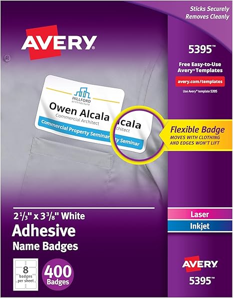 Avery Flexible Printable Name Tags, 2-1/3" x 3-3/8", Matte White, 400 Removable Name Badges for Laser and Inkjet Printers (5395)