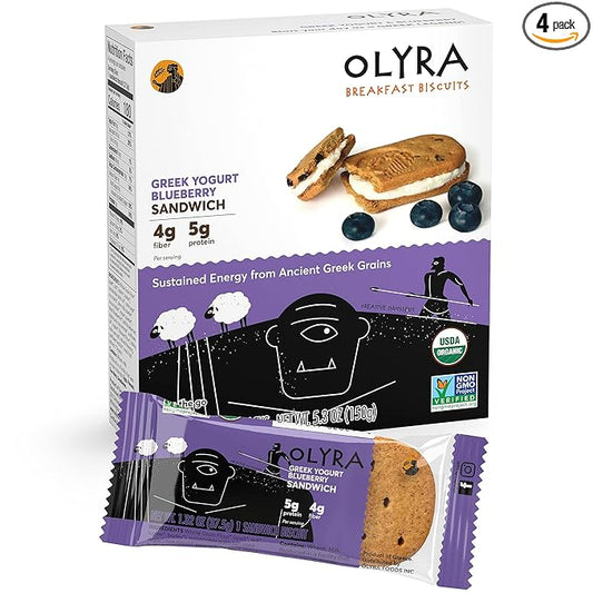 Olyra Organic Breakfast Biscuit Sandwiches | Greek Yogurt Blueberry | Kids Healthy Snacks, Low-Sugar, High Fiber | 4 Count (Pack of 1)
