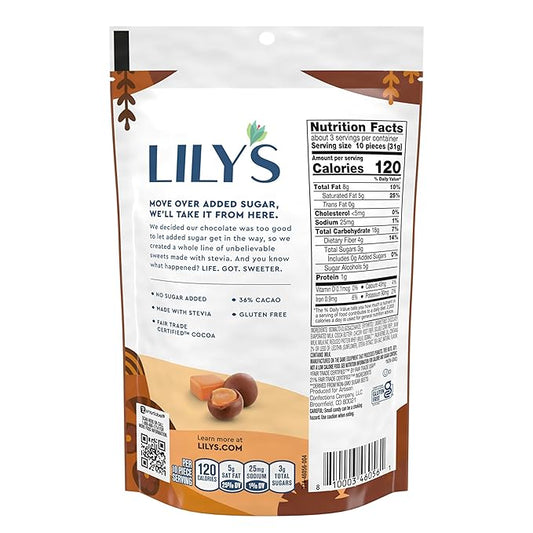 LILY'S Milk Chocolate Style No Sugar Added, Covered Caramels Bag, 3.5 oz