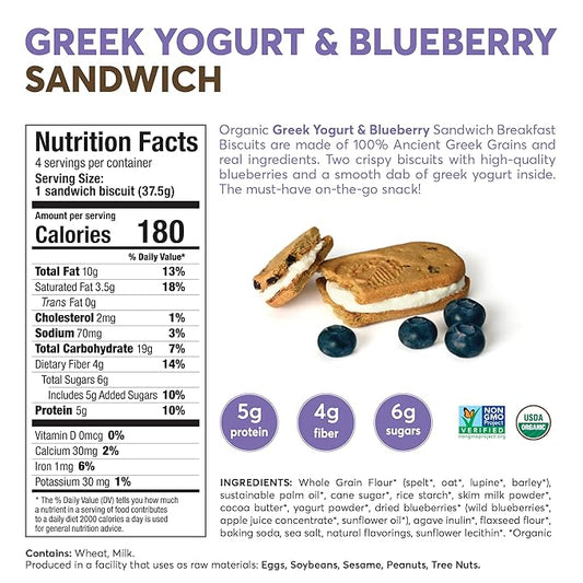Olyra Organic Breakfast Biscuit Sandwiches | Greek Yogurt Blueberry | Kids Healthy Snacks, Low-Sugar, High Fiber | 4 Count (Pack of 1)