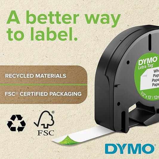 DYMO Authentic LT Plastic Labeling Tape for LetraTag Label Makers, 1/2" (12mm), Black Print On White Tape, 6-Pack